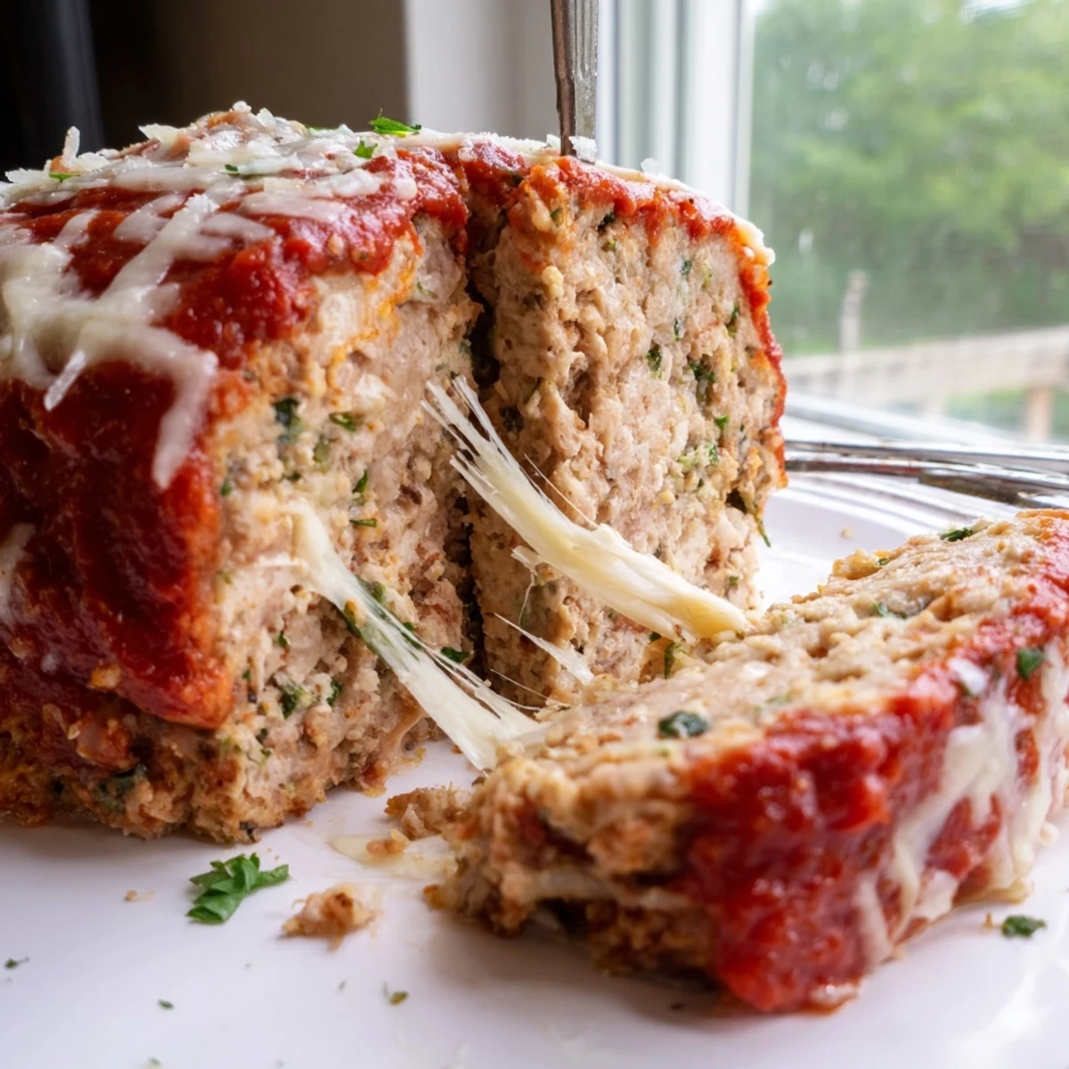 Juicy Parmesan chicken meatloaf fresh from the oven with melted mozzarella on top