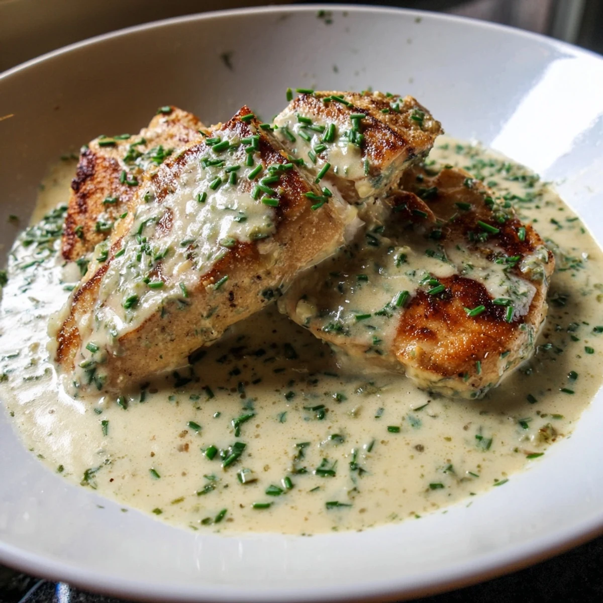 Creamy chicken with Boursin sauce drizzled over golden seared breasts in a cast iron skillet