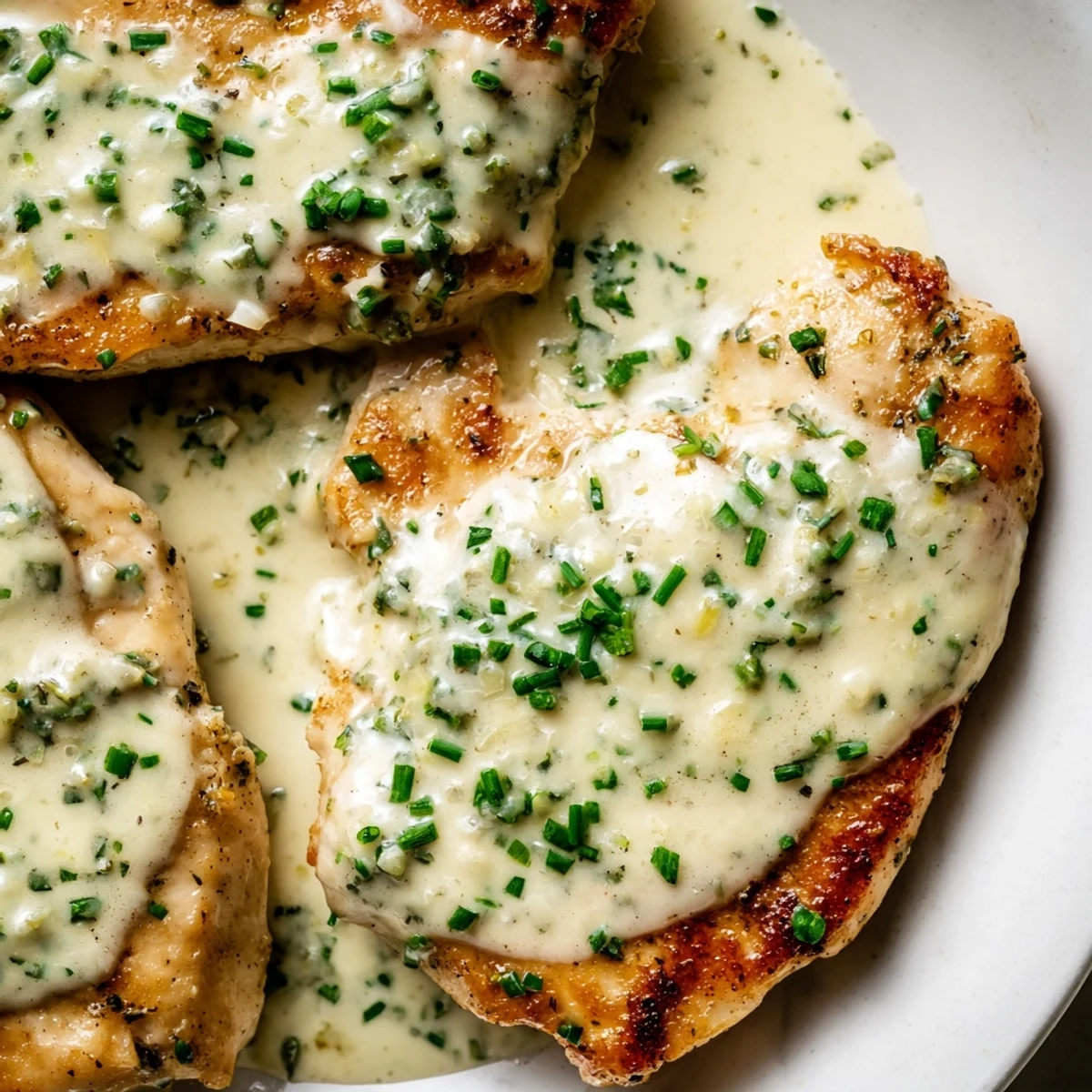 Pan-seared chicken with Boursin cheese sauce topped with fresh chives on a white plate