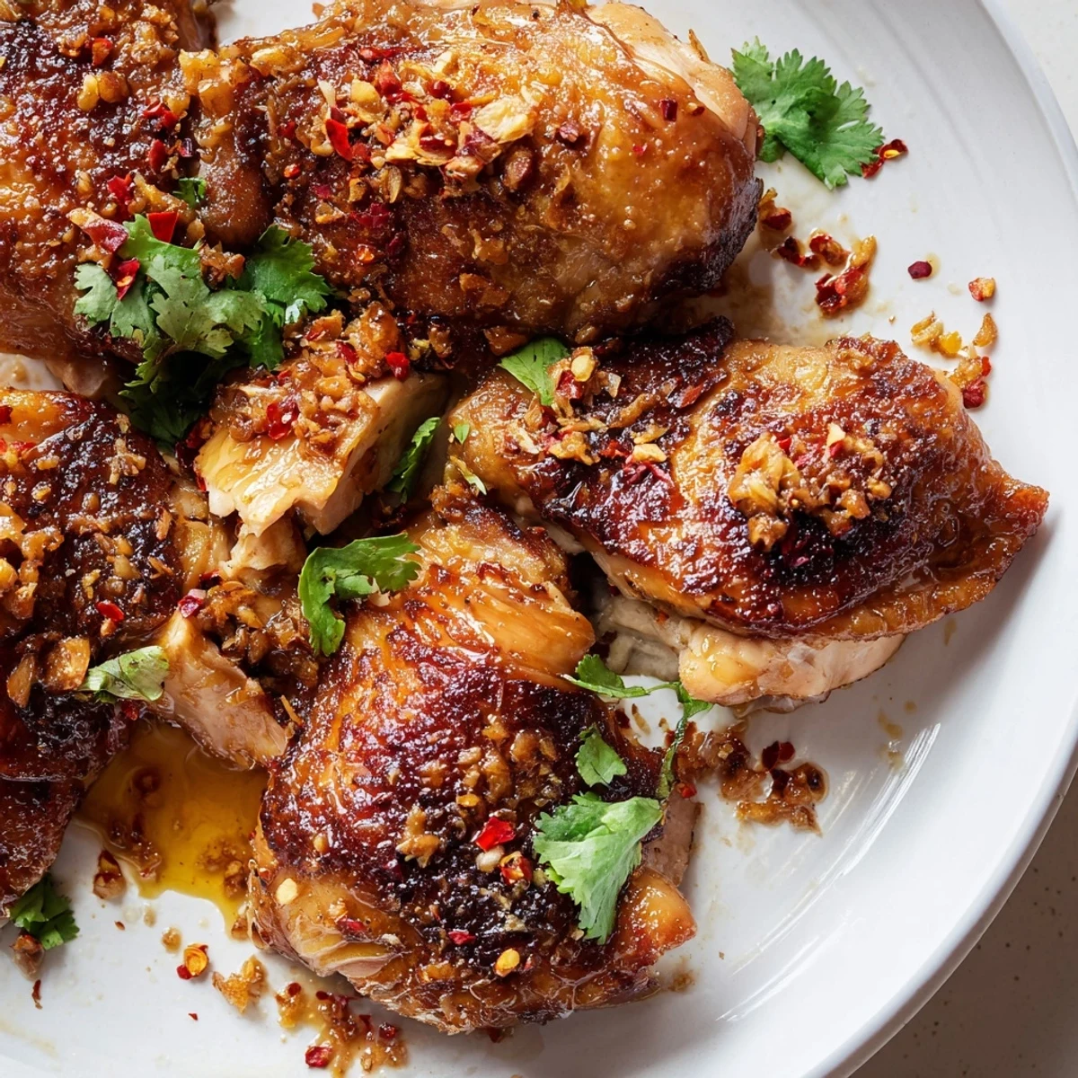 Golden ginger garlic chicken thighs baked crispy on a bed of caramelized onions