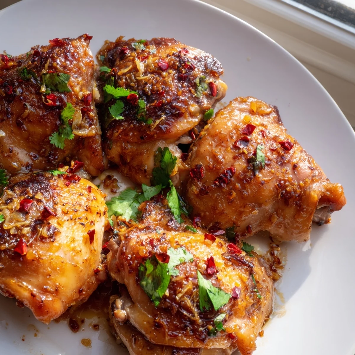 Juicy ginger garlic chicken thigh bake with glossy soy-ginger glaze and fresh cilantro garnish