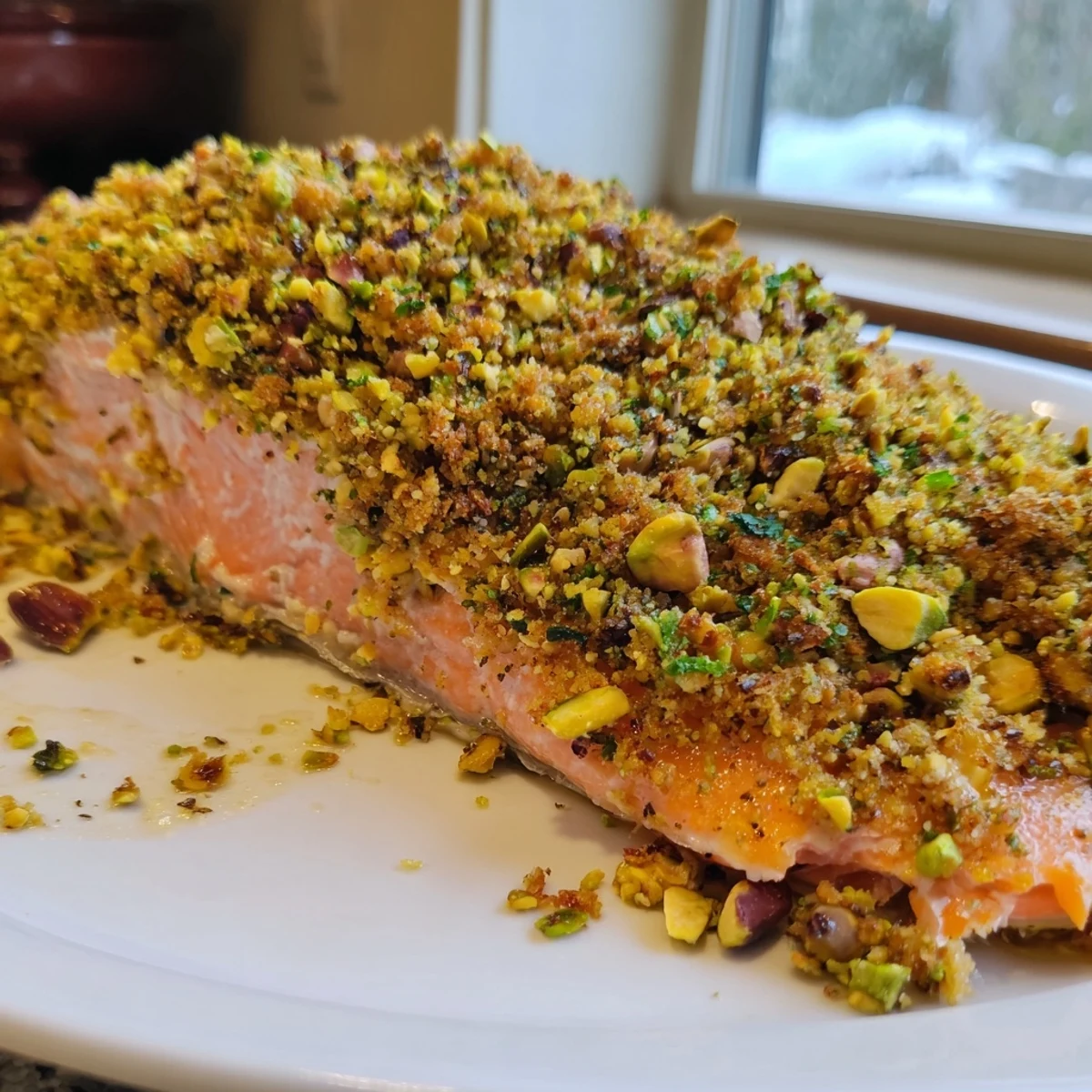 Golden maple pistachio salmon fillet on a parchment-lined baking sheet, fresh from the oven
