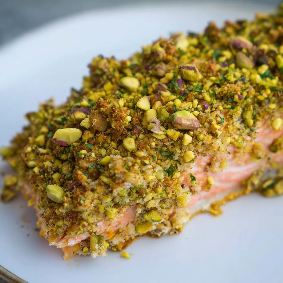Crusted maple pistachio salmon plated atop tender greens with a bright lemon wedge