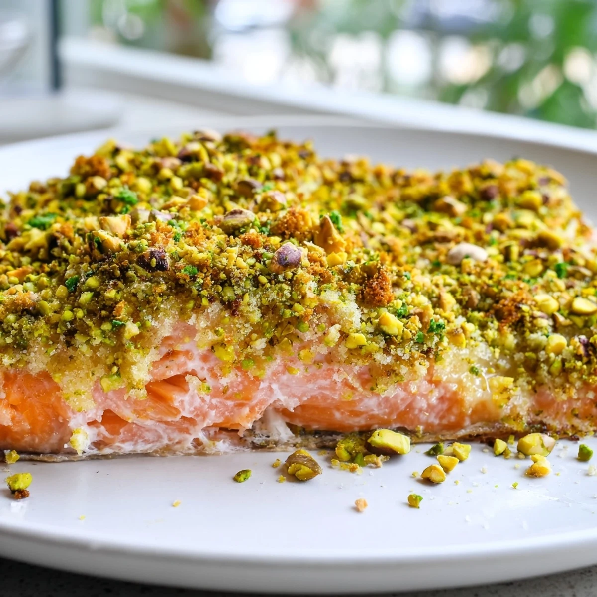 Close-up of maple pistachio salmon showing its glistening glaze and crunchy golden nut topping