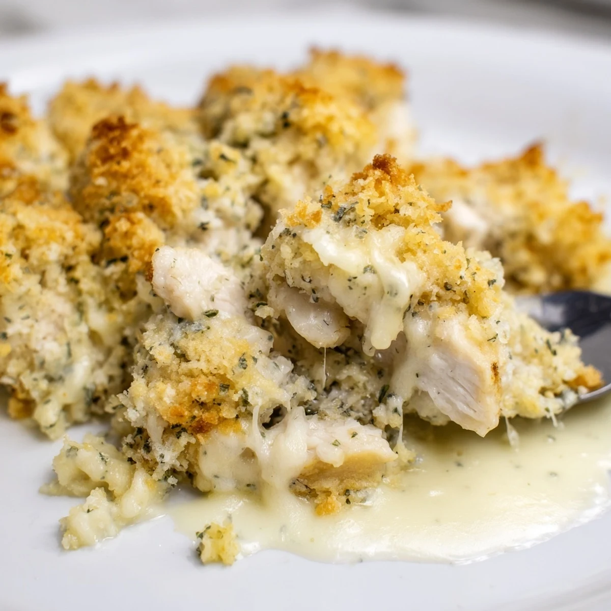 Creamy chicken Kiev casserole topped with crunchy panko and melted cheese