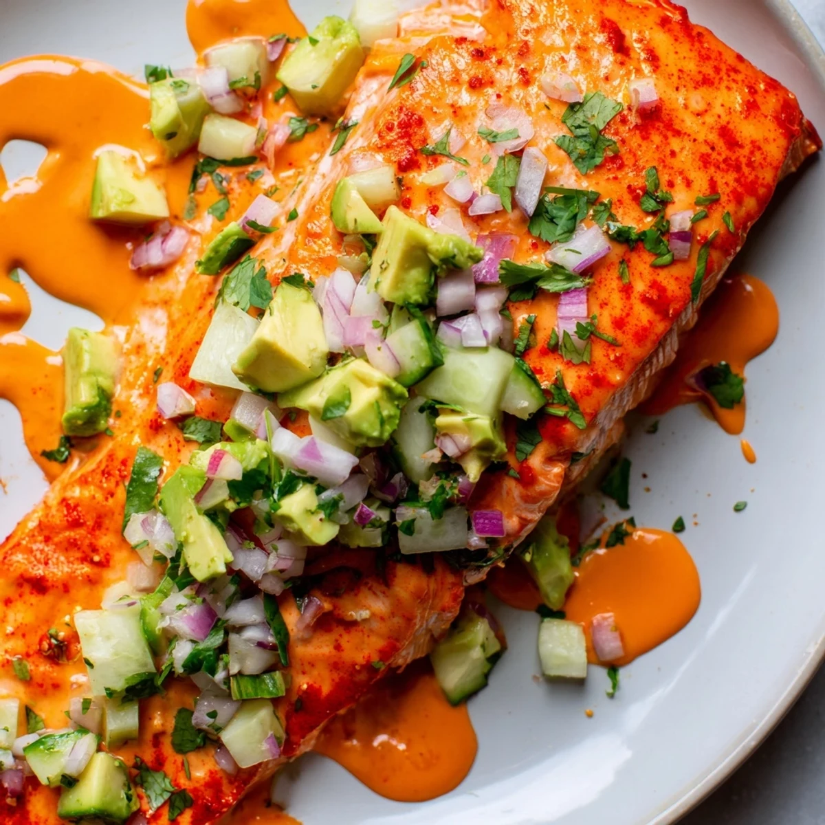 Juicy baked Bang Bang Salmon topped with creamy spicy sauce and fresh avocado cucumber salsa