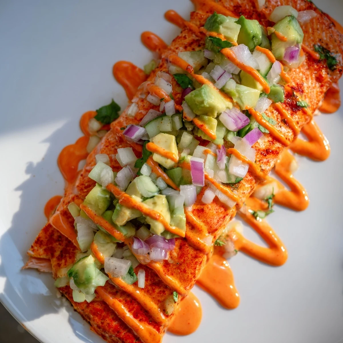 Crisp avocado cucumber salsa piled high over golden Bang Bang Salmon drizzled with sweet chili sauce