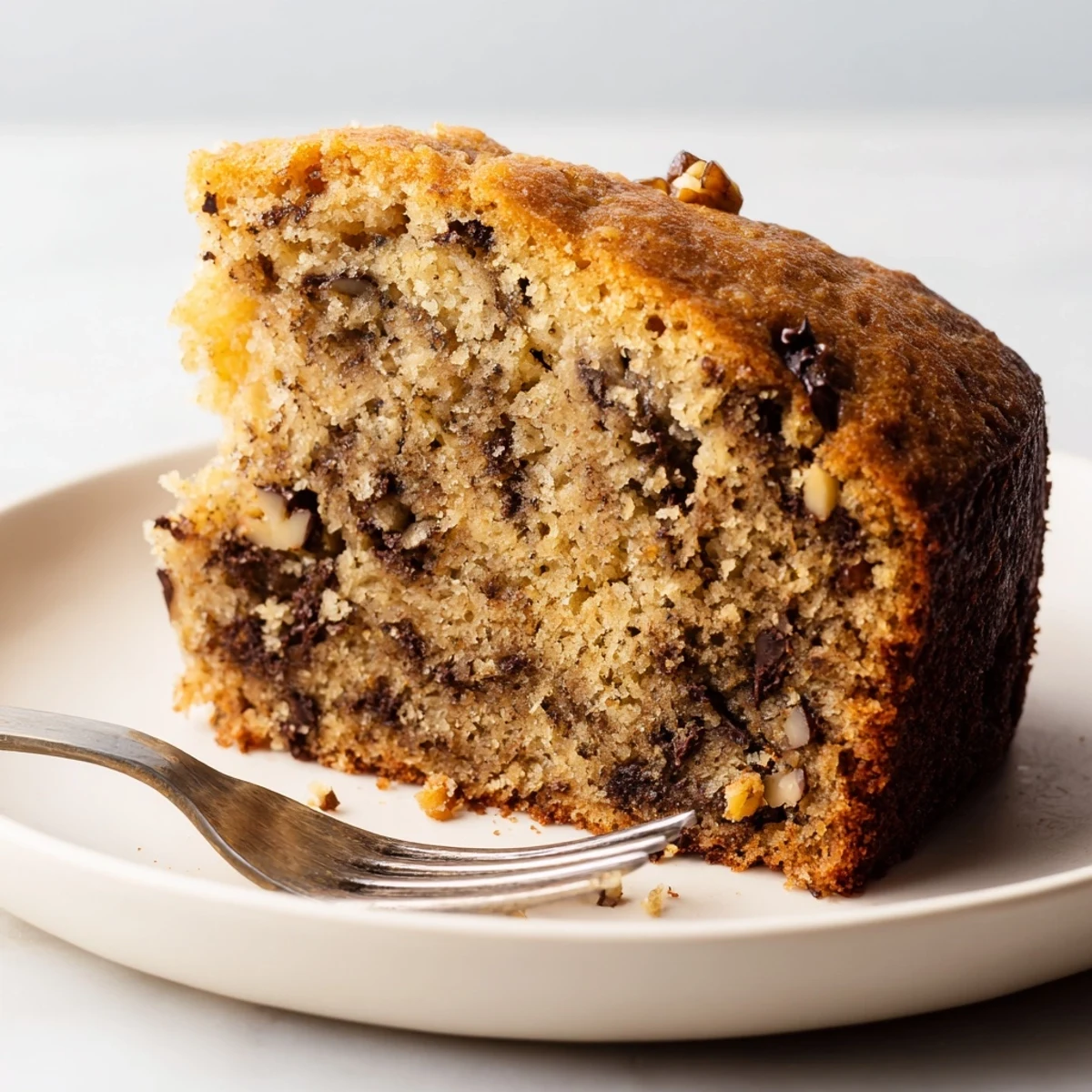 A warm slice of homemade banana cake topped with creamy cream cheese frosting on a rustic plate