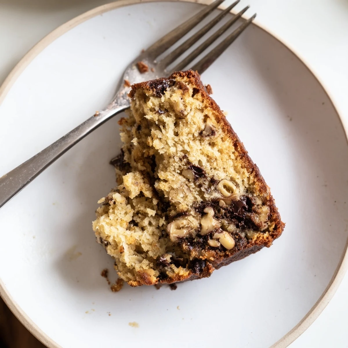 Tender banana cake dusted with powdered sugar and garnished with chopped walnuts for a classic American dessert