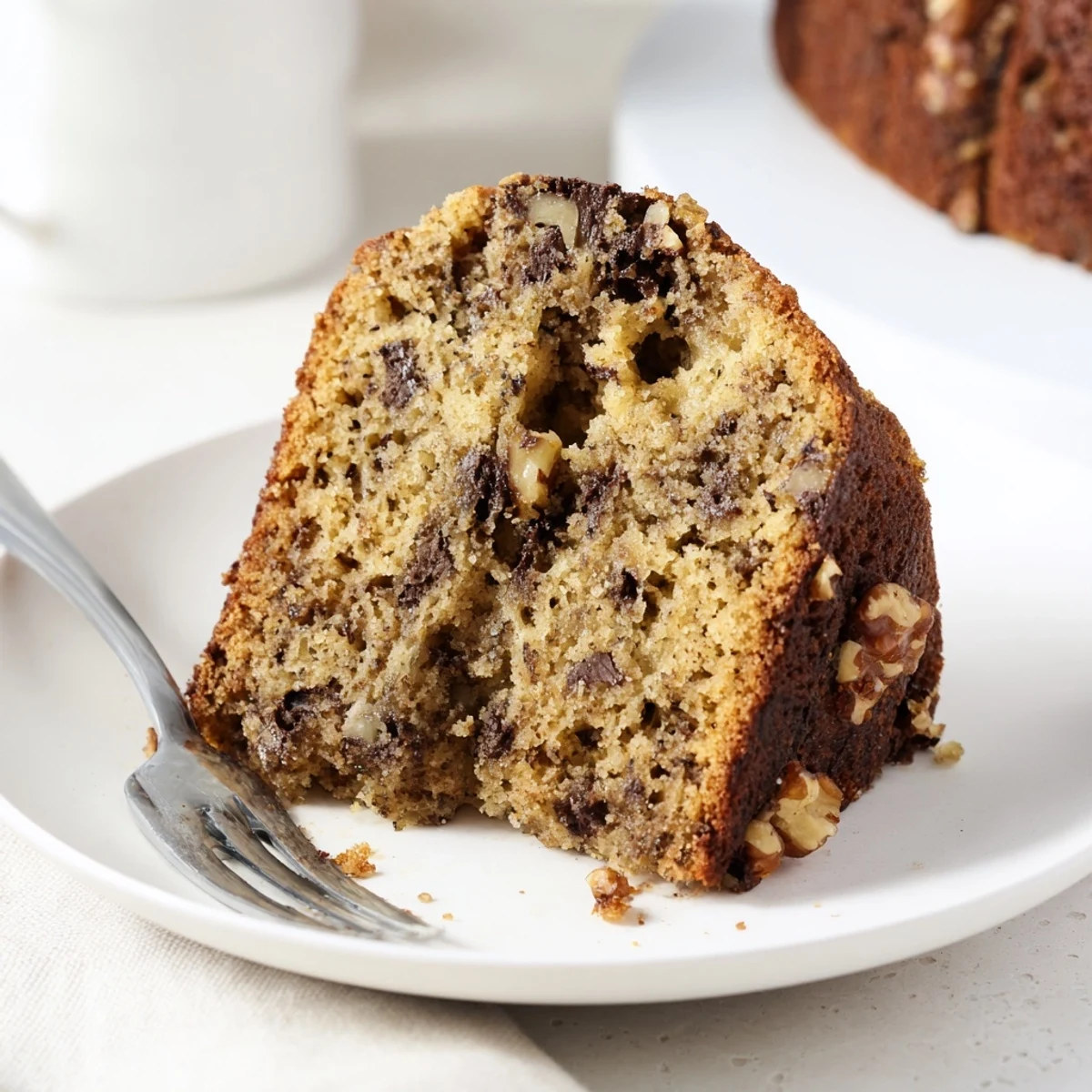 Moist banana cake with golden edges sits on a wire cooling rack beside ripe bananas