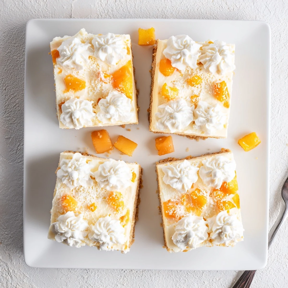 Creamy peach cheesecake bars with golden graham crust and fresh peach slices
