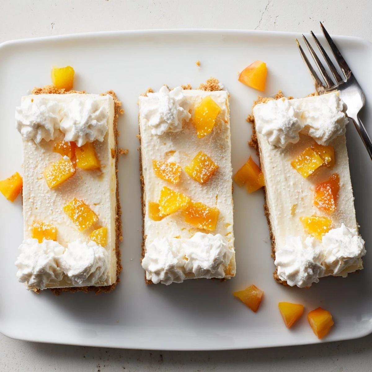 Peaches and cream cheesecake bars swirled with whipped topping on a buttery crust