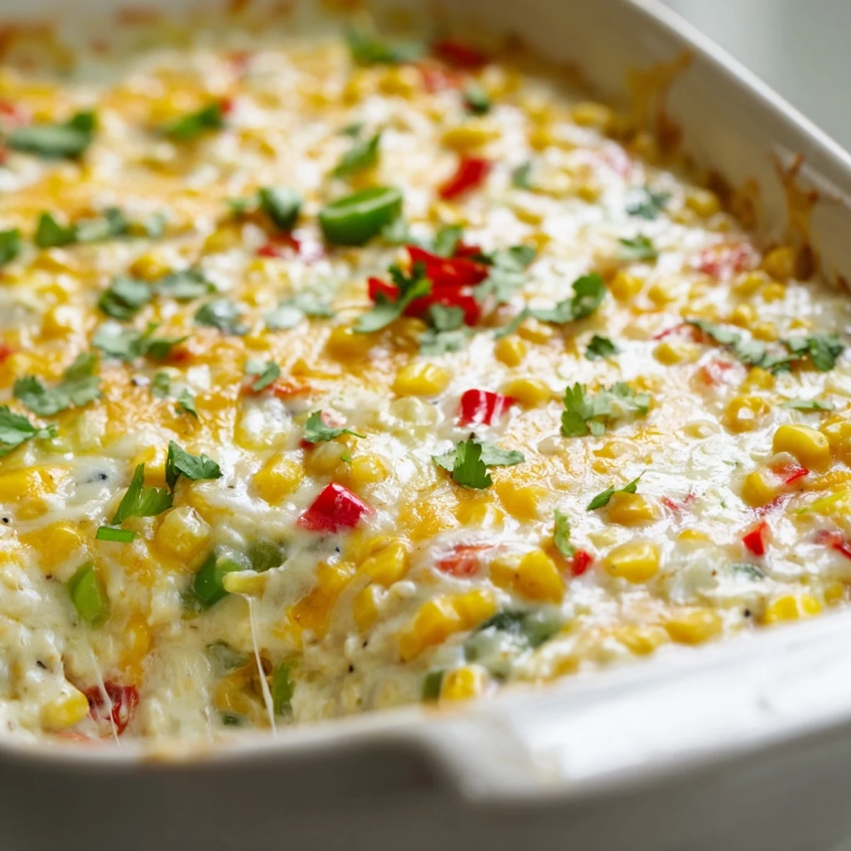 Golden baked creamy corn jalapeño dip bubbling in a cast iron skillet with tortilla chips nearby