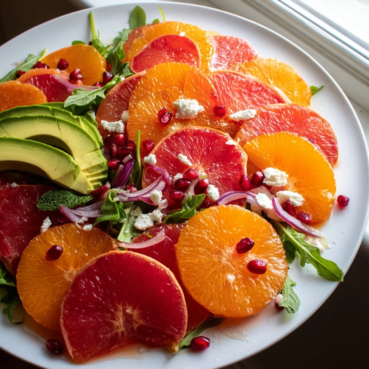Citrus salad with pomegranate jewels, creamy avocado, and crumbled feta on a rustic platter