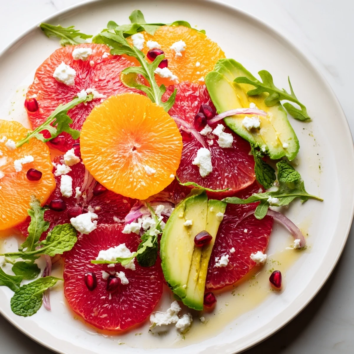 Bright citrus salad topped with ruby pomegranate seeds, sliced avocado, and tangy feta cheese