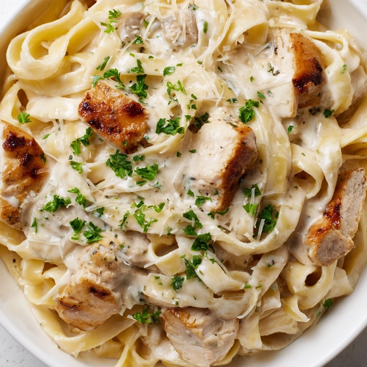 Steaming bowl of Creamy Garlic Parmesan Chicken Pasta tossed with tender sliced chicken