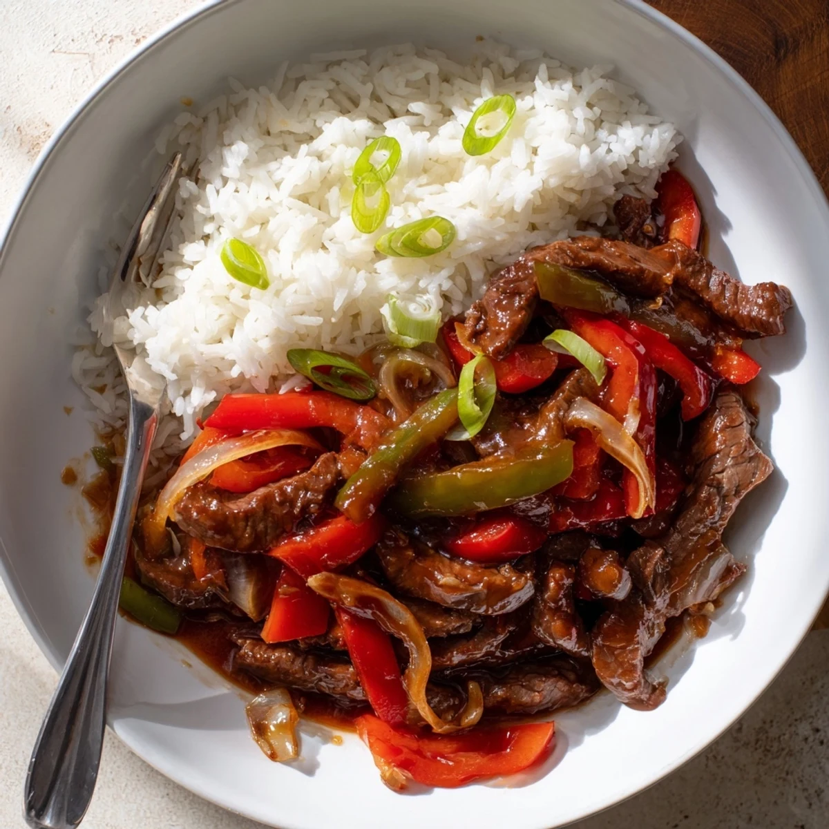 Warm bowl of Slow Cooker Pepper Steak featuring fork-tender beef, vibrant red and green peppers, and rich brown gravy