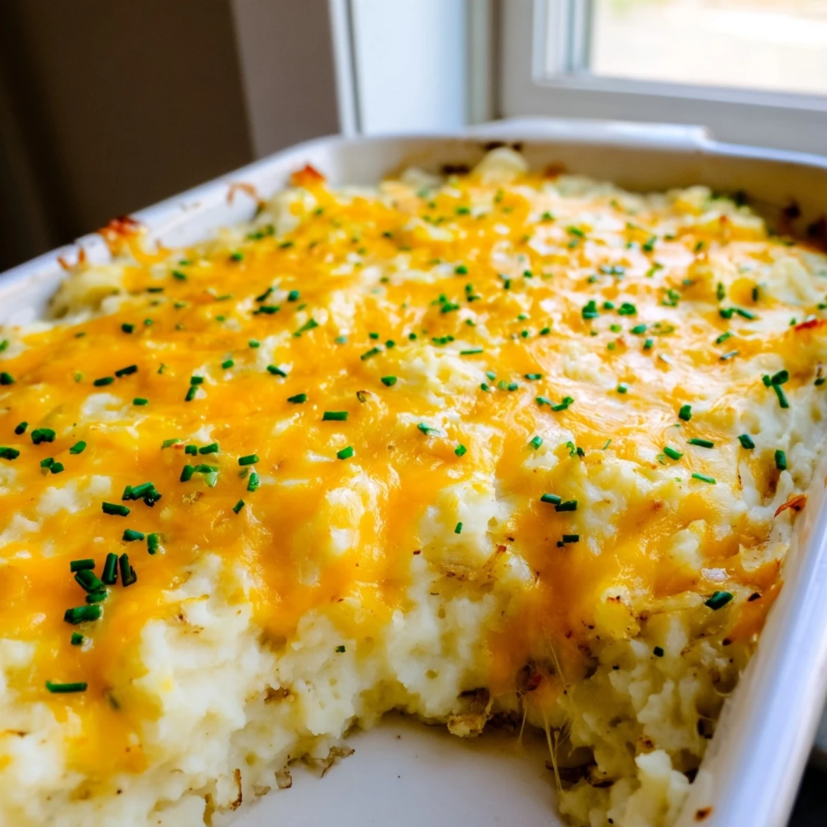 Golden bubbling cheesy onion mashed potato casserole fresh from the oven with melted cheddar