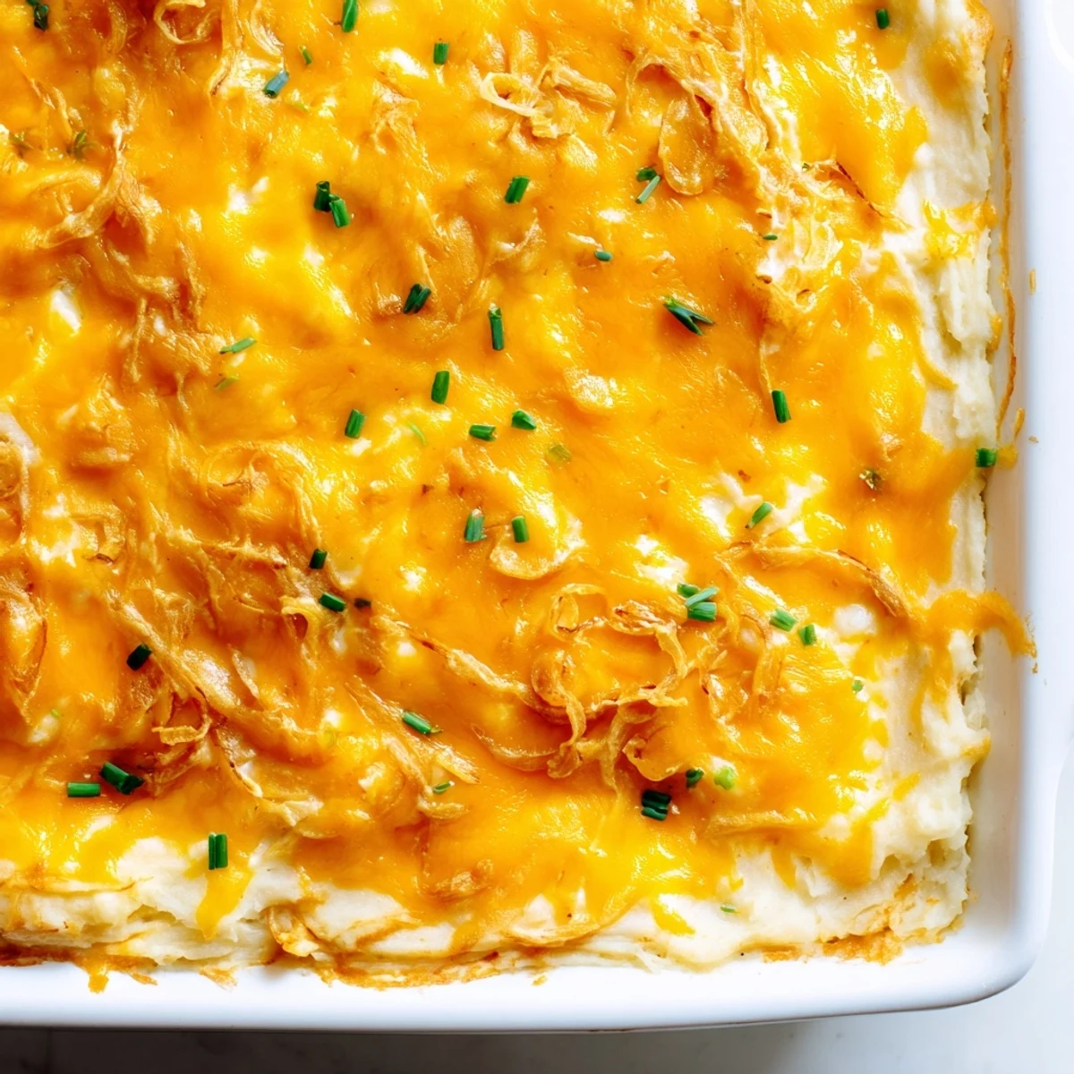 Creamy cheesy onion mashed potato casserole topped with caramelized onions in a baking dish