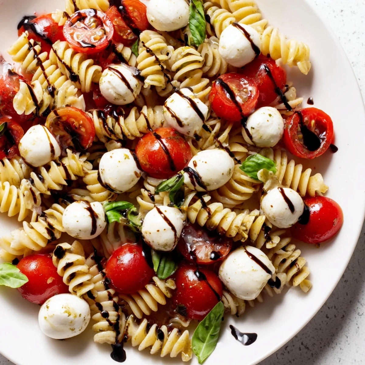 Caprese Pasta Salad with ripe cherry tomatoes and creamy mozzarella drizzled with balsamic glaze