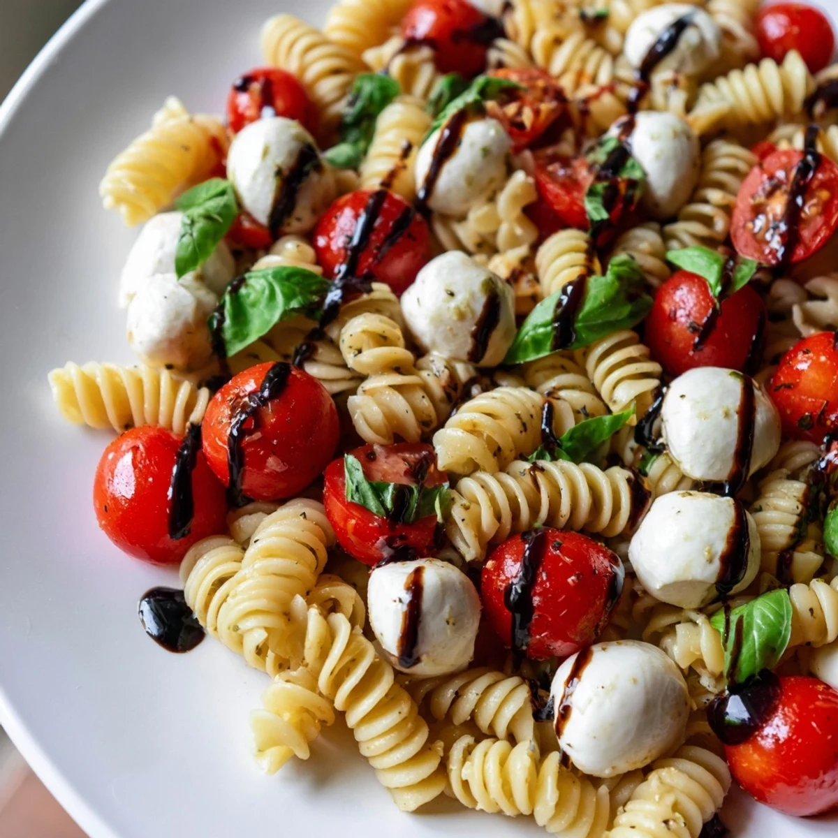 Chilled Caprese Pasta Salad served in a white bowl with torn basil and balsamic reduction