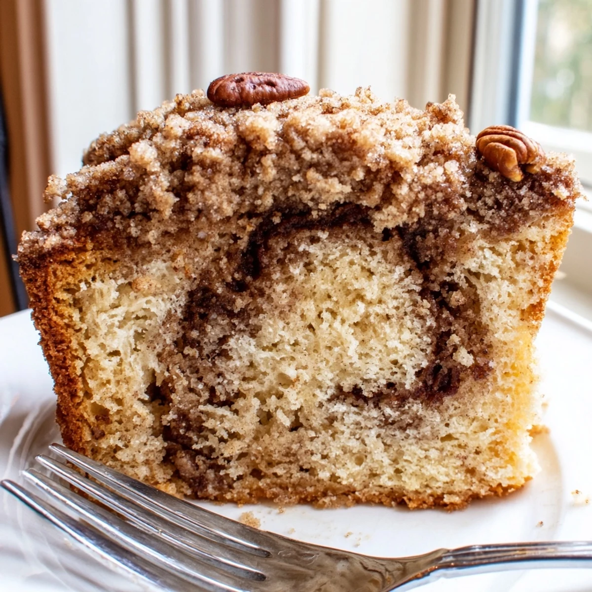 Warm slice of Cinnamon Pecan Crunch Coffee Cake topped with golden crumbly pecan streusel on a rustic plate