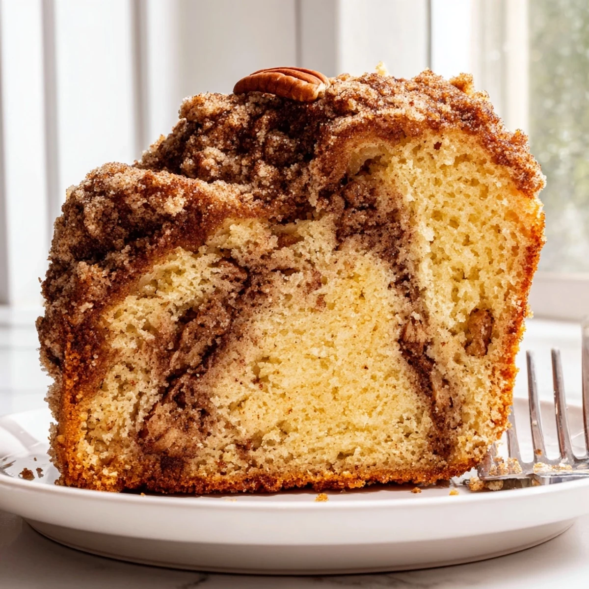 Moist Cinnamon Pecan Crunch Coffee Cake bubbling with cinnamon sugar filling fresh from the oven pan