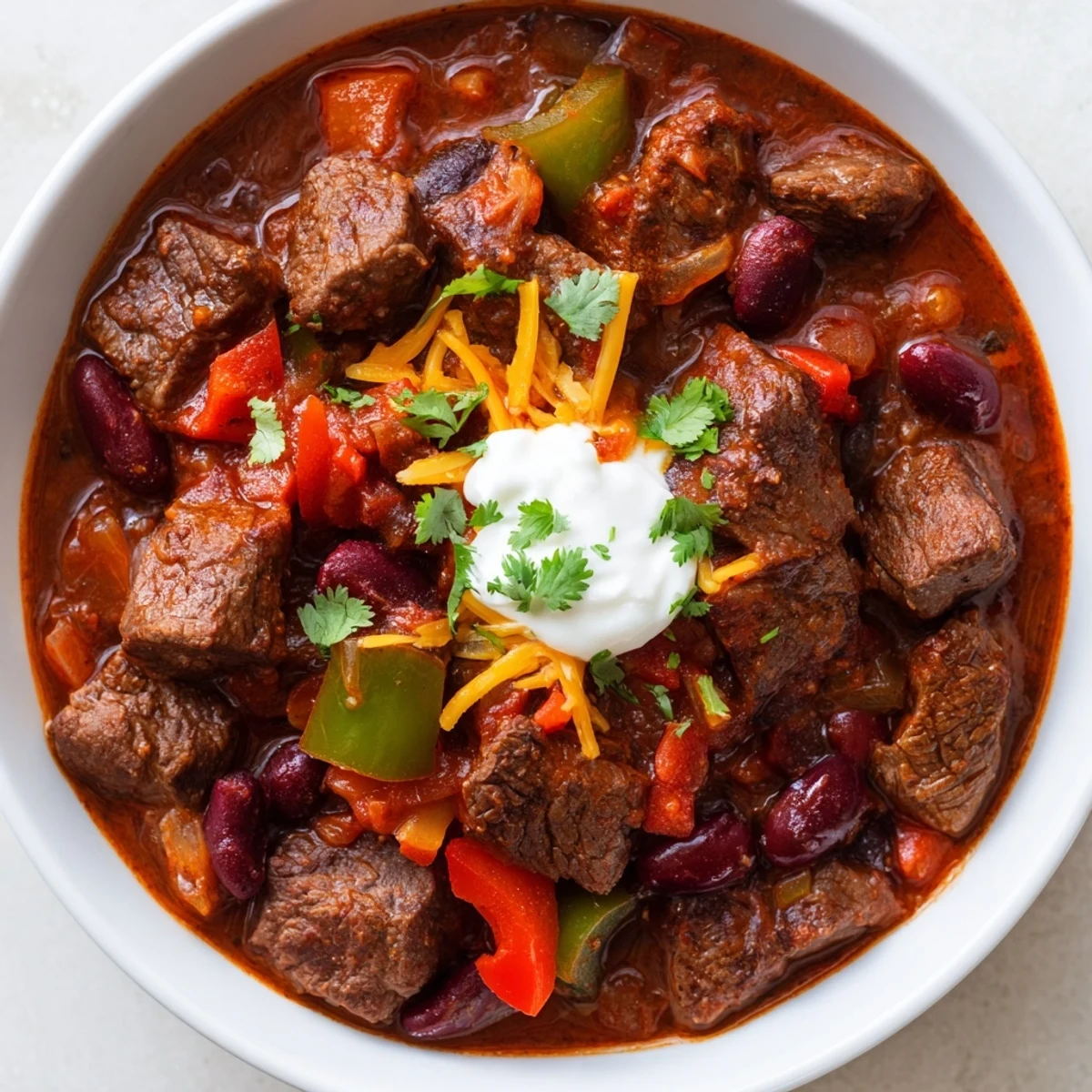 Steaming bowl of beefy chili stew with tender beef chunks, beans, and rich red sauce