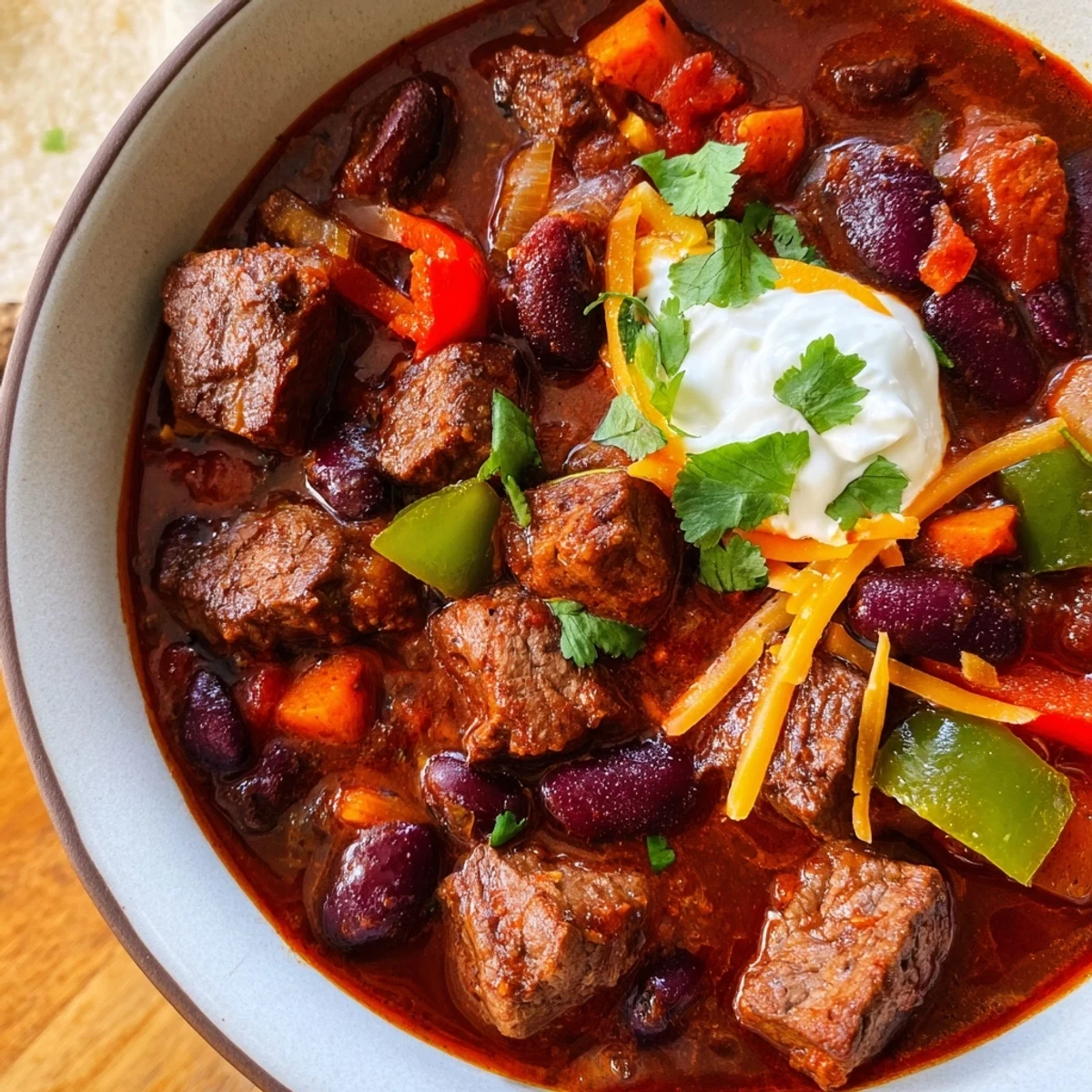 Thick, spicy beefy chili stew loaded with vegetables and beans, served with crusty bread