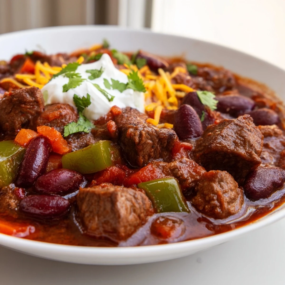 Hearty beefy chili stew topped with cilantro and sour cream in a rustic bowl