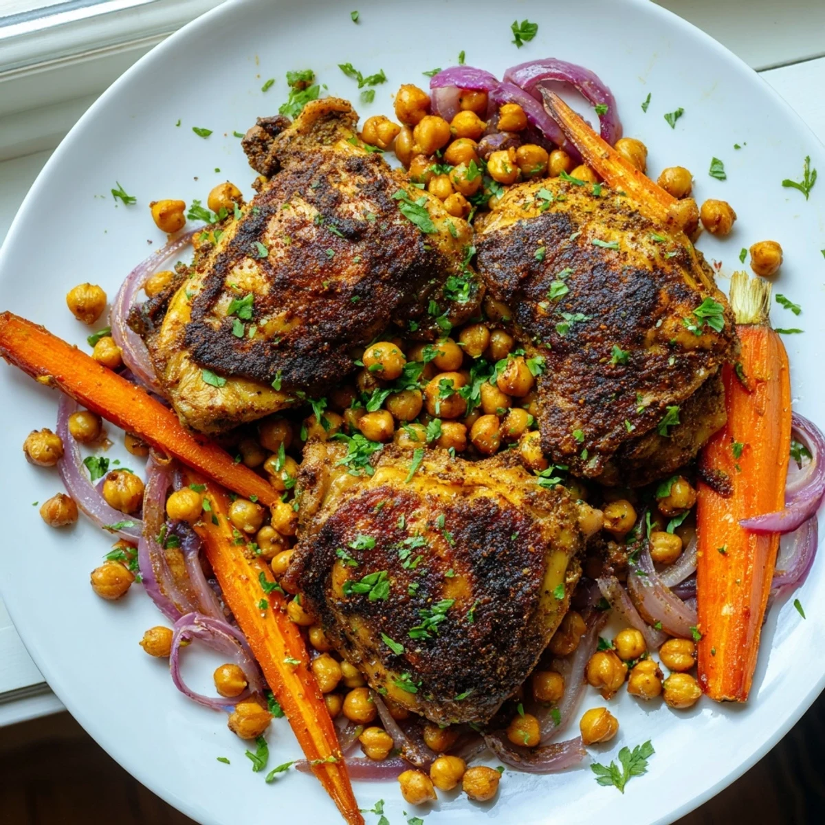Golden sumac chicken with carrots and chickpeas roasted on a sheet pan