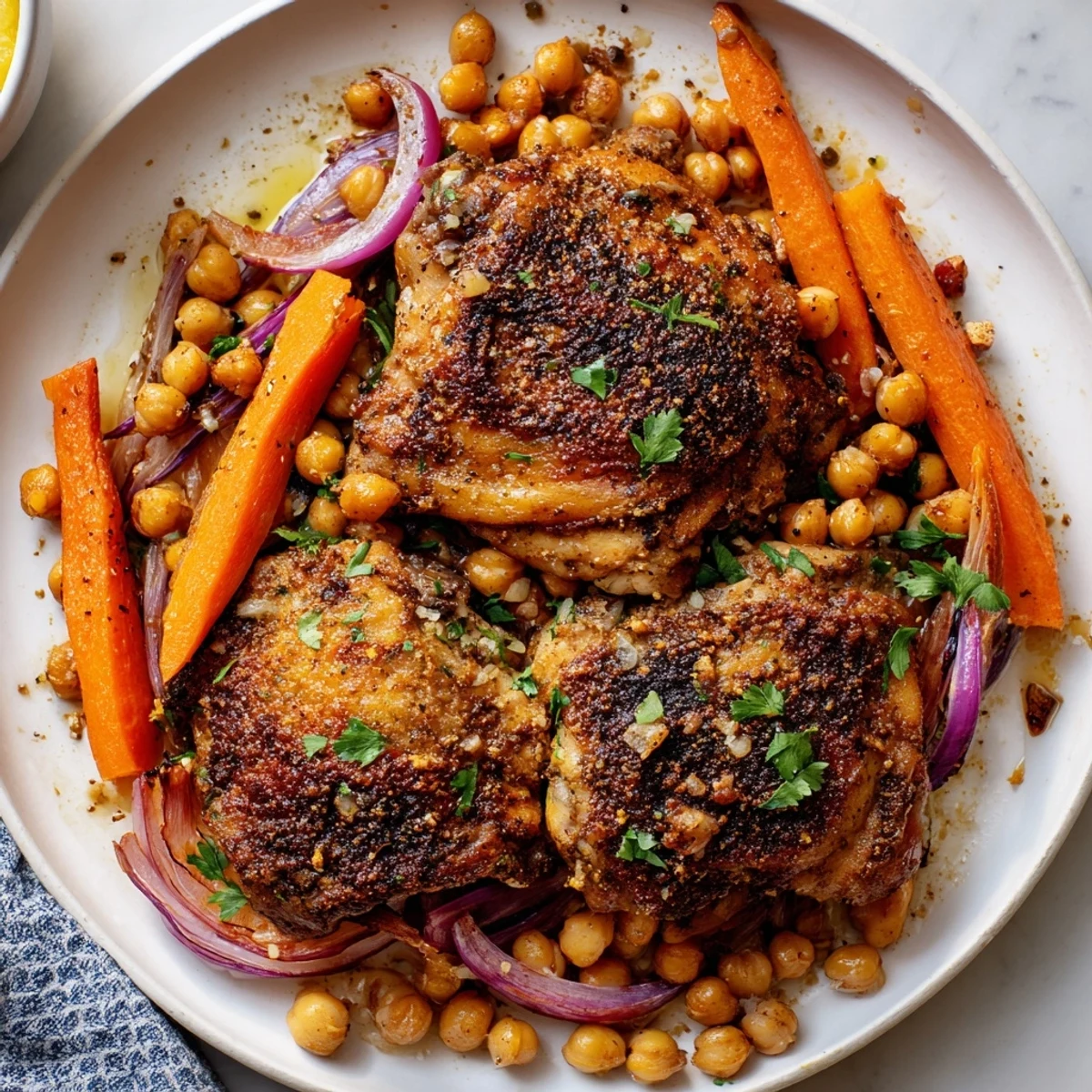 Tangy sumac chicken served over tender roasted carrots and hearty chickpeas