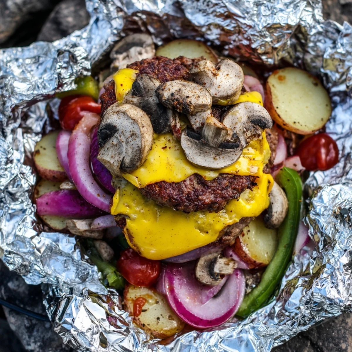 Steaming campfire cheeseburger hobo packets with melted cheddar and tender golden potato slices