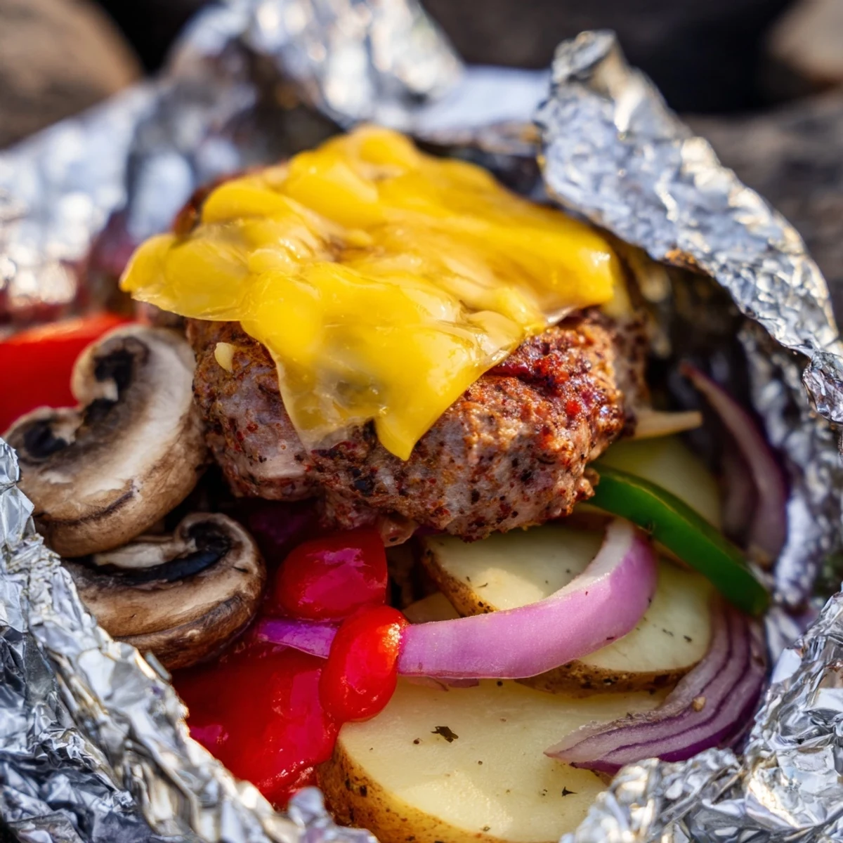 Campfire cheeseburger hobo packets served on a rustic tray with gooey cheese and fresh buns
