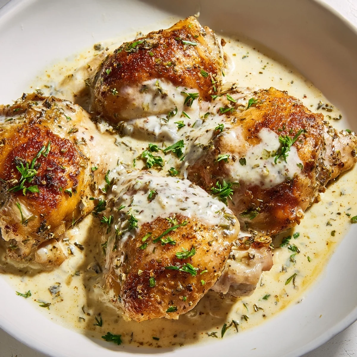 Golden creamy oven baked chicken thighs resting in a rich garlic herb sauce