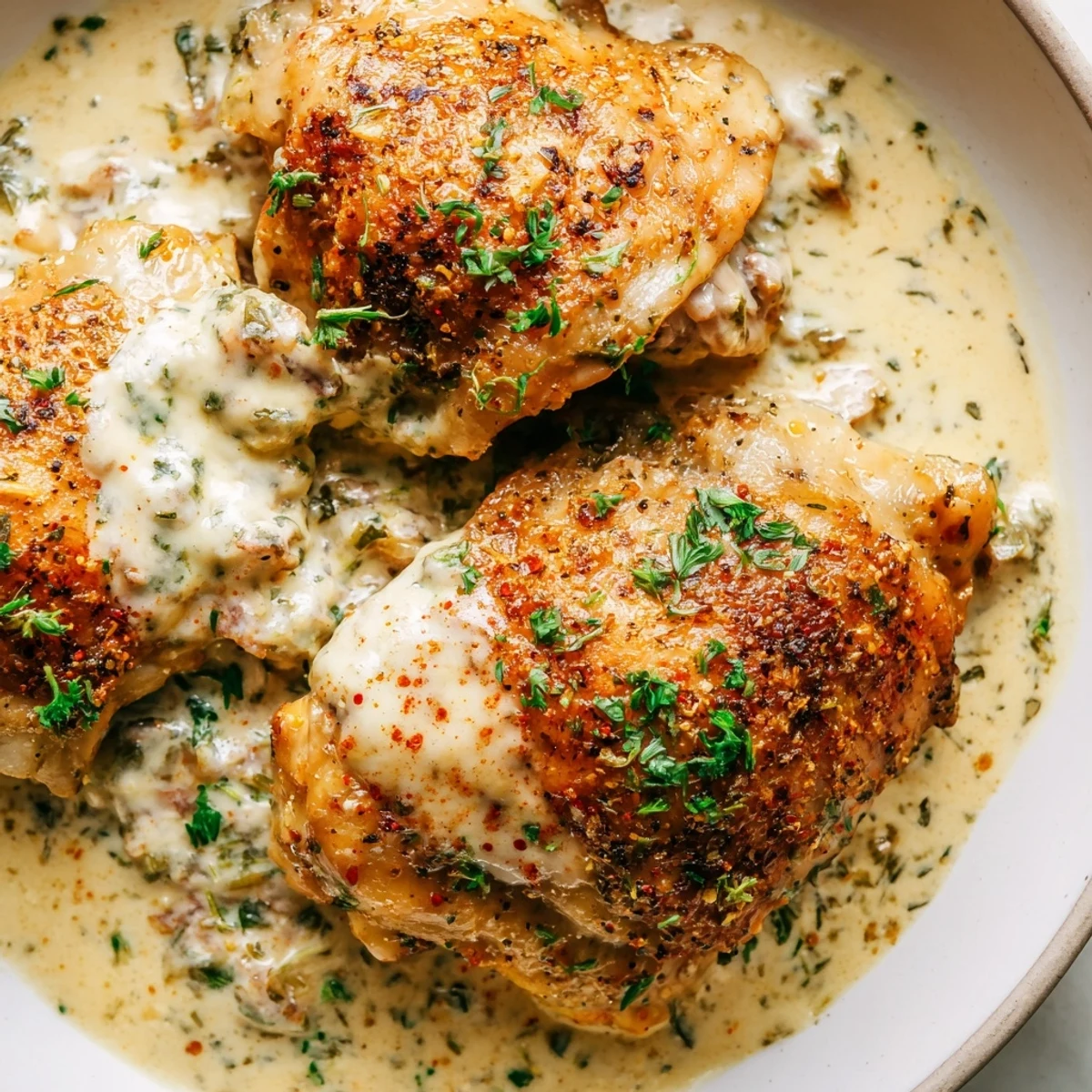 Juicy creamy oven baked chicken thighs with crispy skin in a bubbling cream sauce