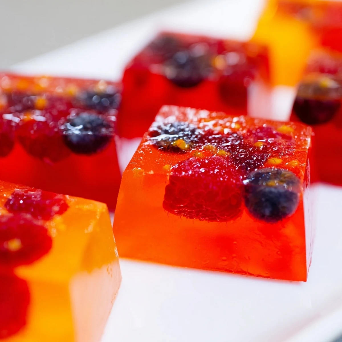 Glistening collagen fruit jellies in jewel-toned cubes dusted with fresh citrus zest