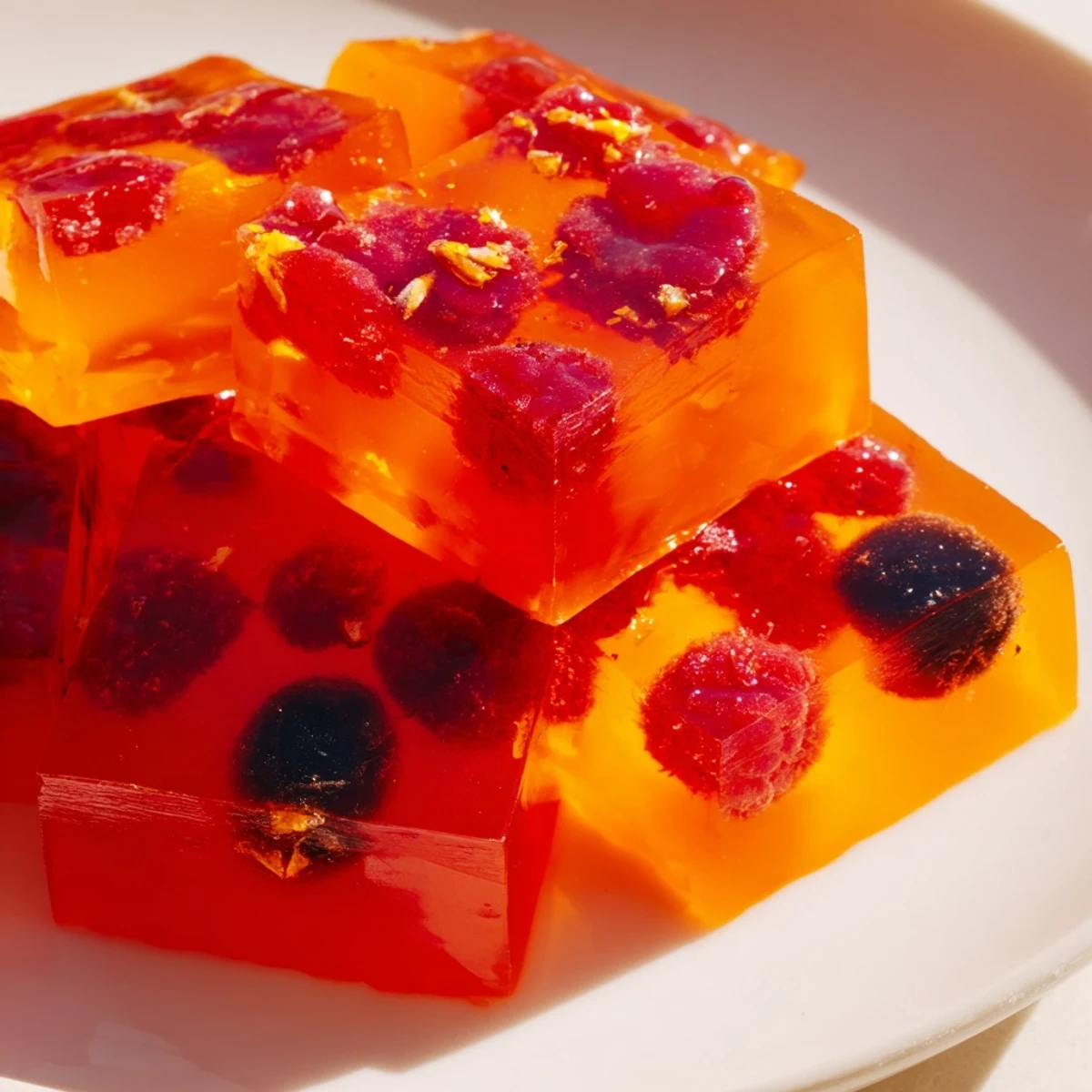 Wiggly collagen fruit jellies topped with diced berries on a clean white plate
