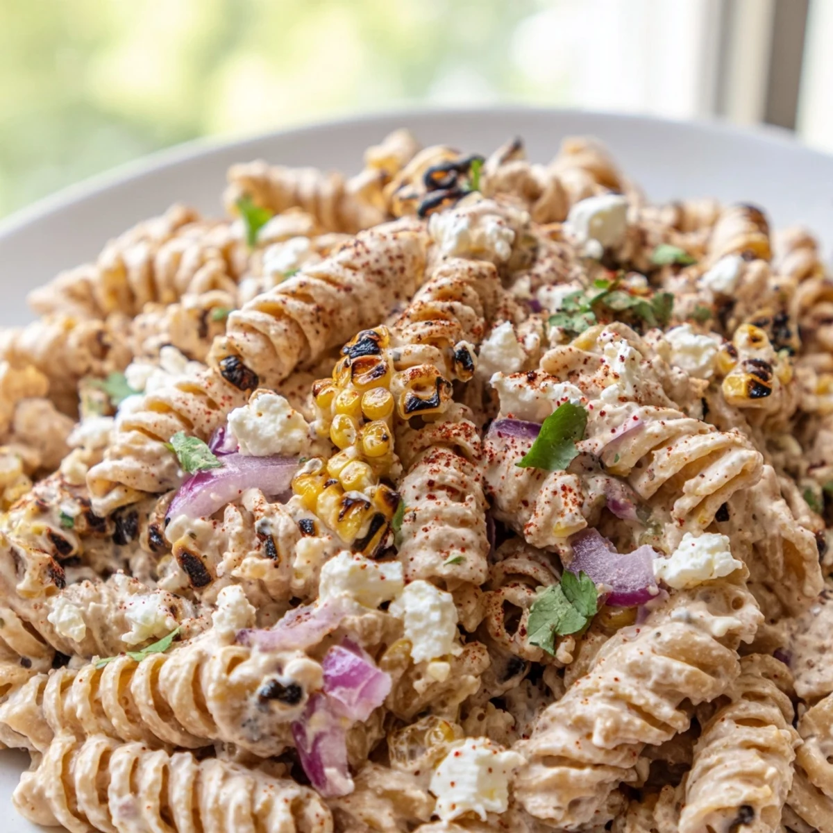 Creamy Elote Street Corn Pasta Salad topped with crumbled cotija and fresh cilantro