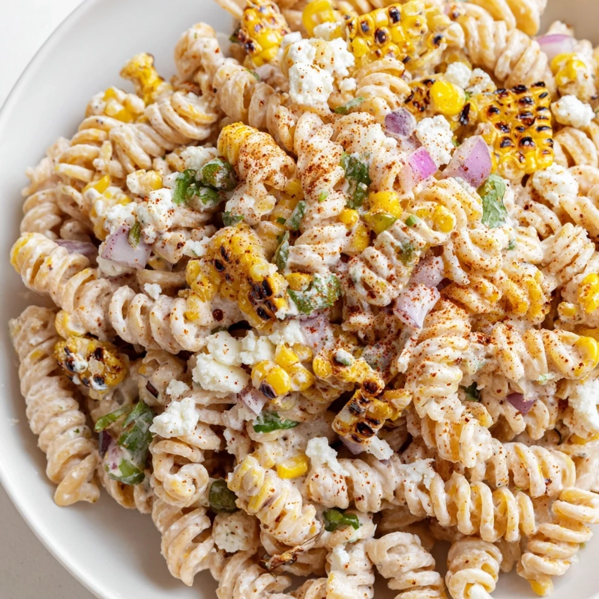 A close-up of Elote Street Corn Pasta Salad served in a rustic blue bowl