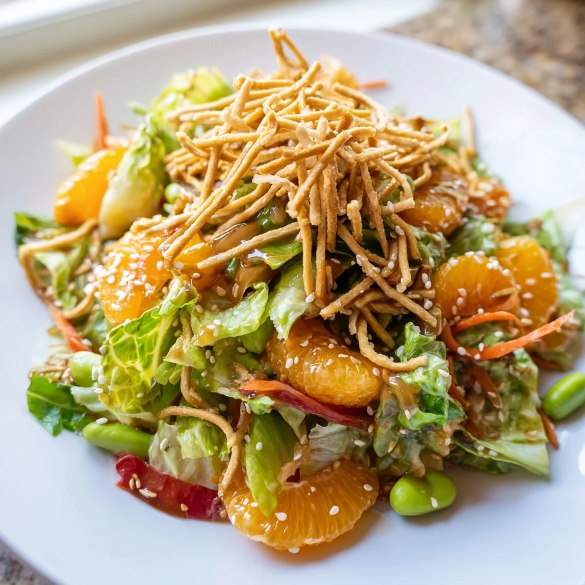 Bright Mandarin Sesame Crunch Salad topped with golden noodles and toasted almonds