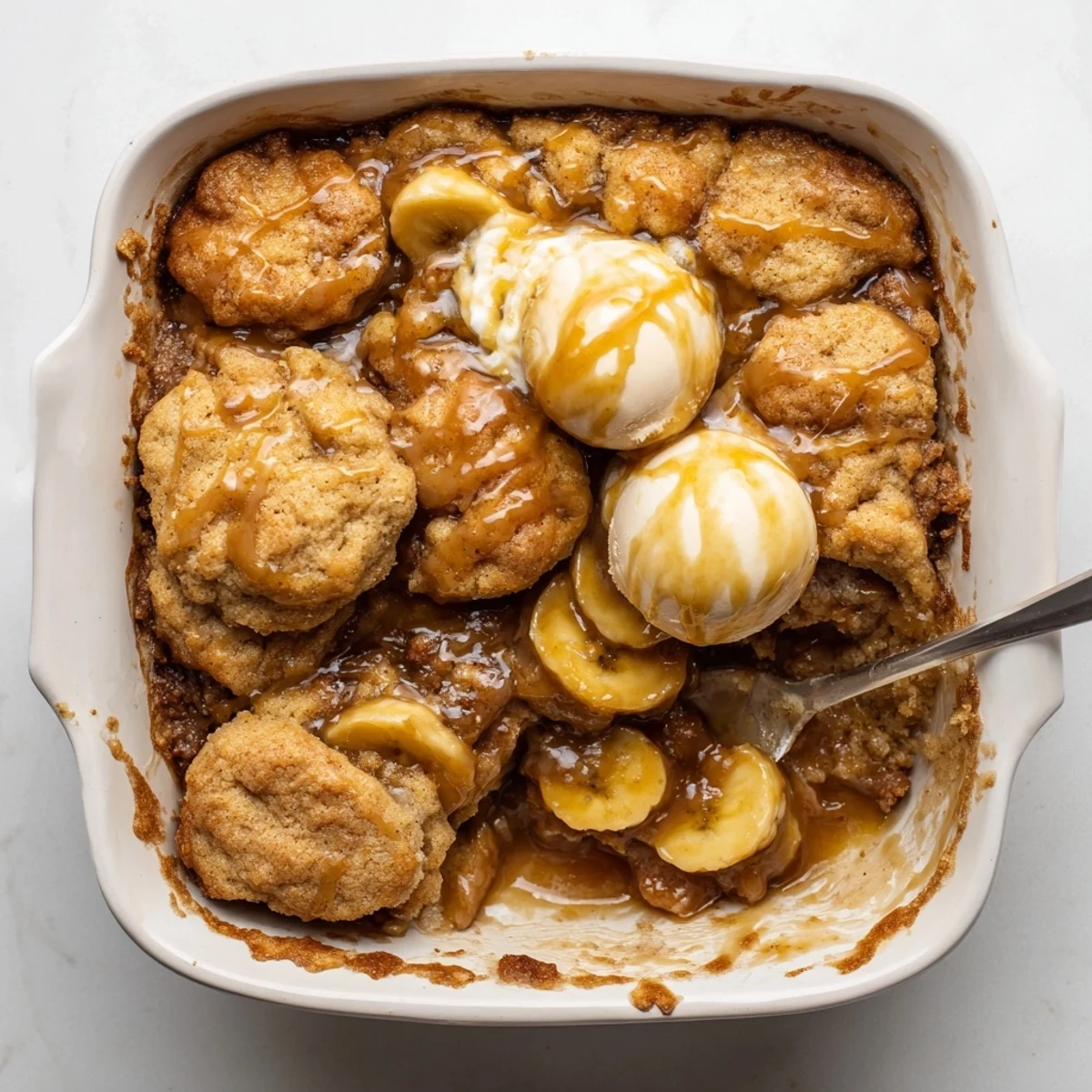 Golden brown Southern banana cobbler featuring sweet spiced fruit filling baked beneath a tender crust.