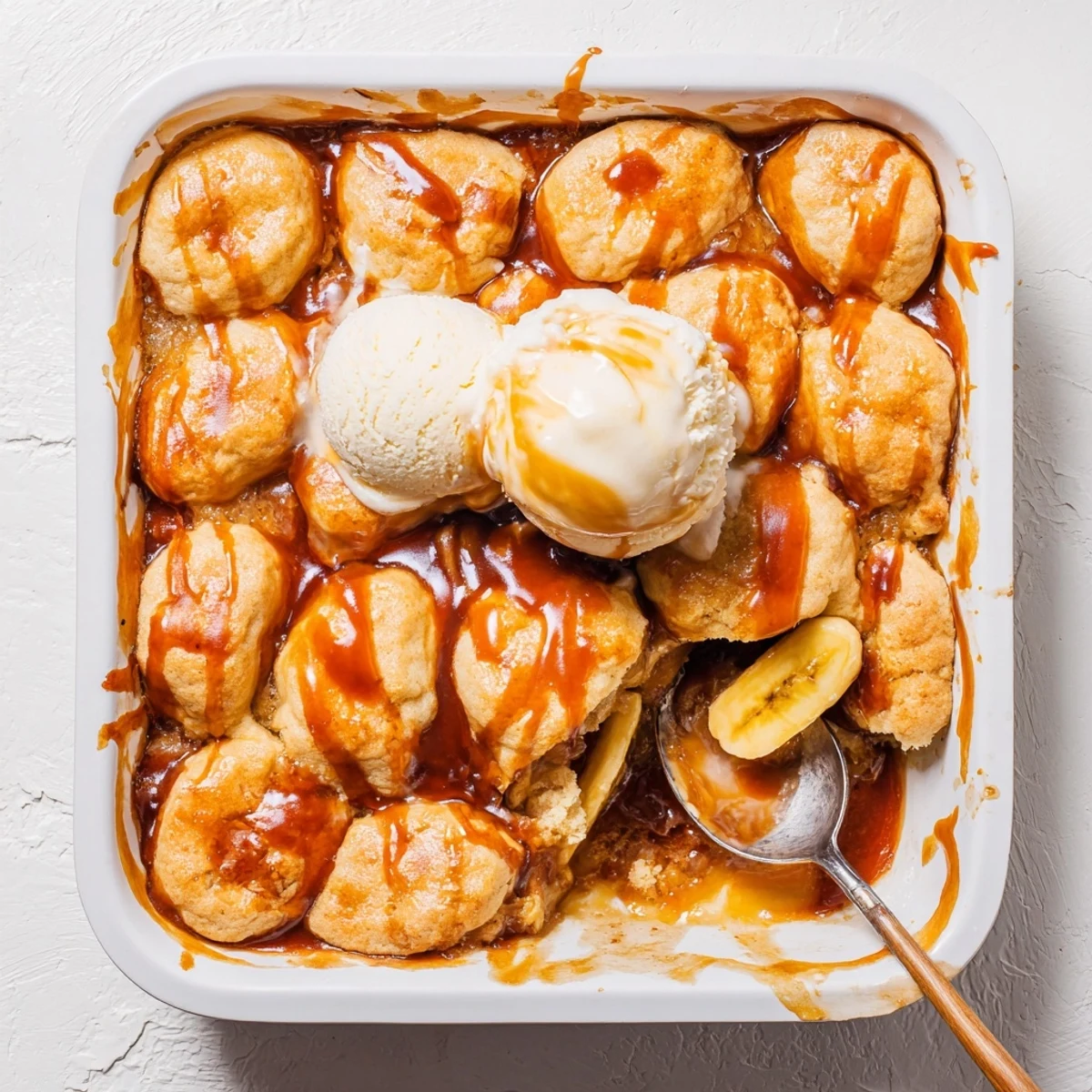 Rustic skillet of Southern banana cobbler with bubbling banana filling and golden biscuit topping.
