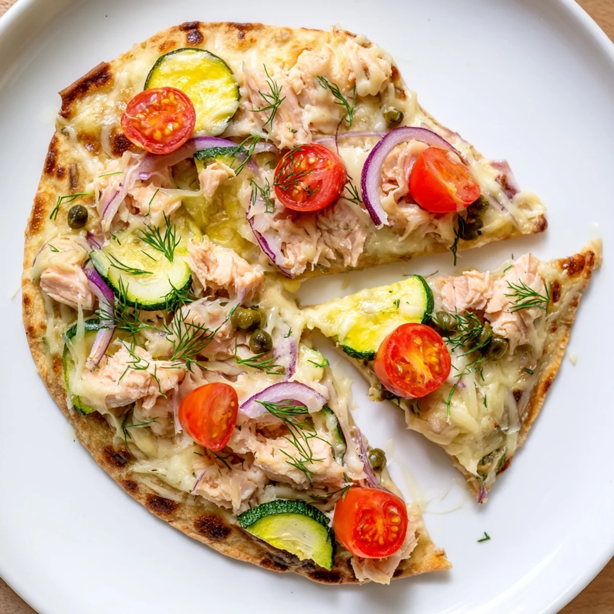 Crispy leftover salmon tortilla pizza topped with melted cheese and fresh cherry tomatoes