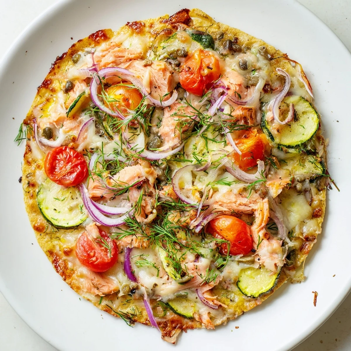 Quick tortilla pizza recipe featuring savory salmon, capers, and herbs on a crunchy crust