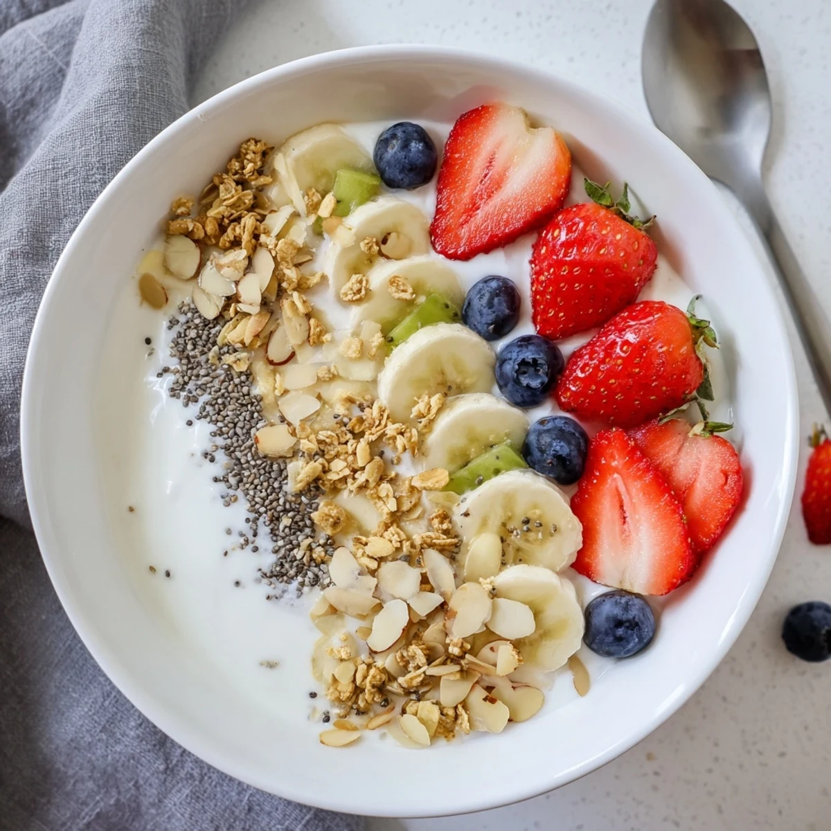 A vibrant yogurt fruit bowl recipe featuring creamy yogurt, fresh berries, bananas, and crunchy granola toppings for a nutritious breakfast.