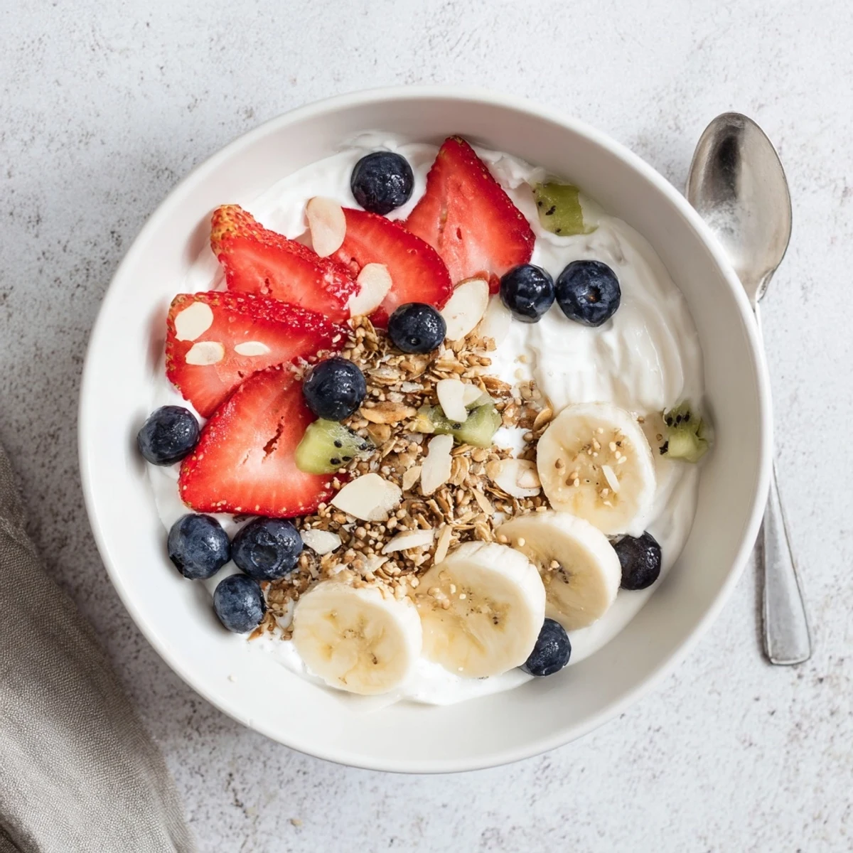 Wholesome yogurt fruit bowl recipe served in a bowl with sliced seasonal fruits, seeds, and granola for a refreshing snack or breakfast.