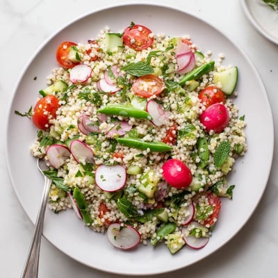 Vibrant Mediterranean-style couscous salad featuring crisp vegetables, radishes, and snap peas on a white serving plate.