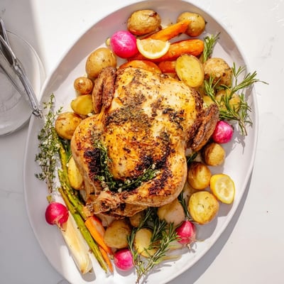 Whole herb roasted chicken with tender carrots asparagus and potatoes arranged on a white platter