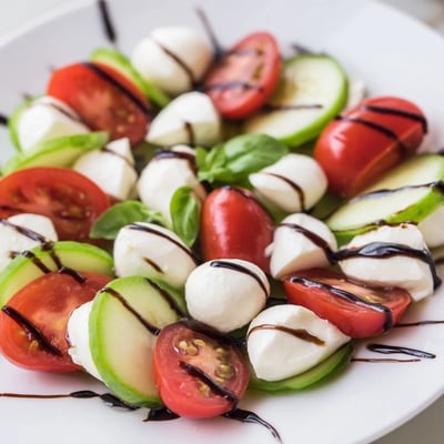 Vibrant Easy Cucumber Caprese Salad arranged on a white serving platter with basil and olive oil